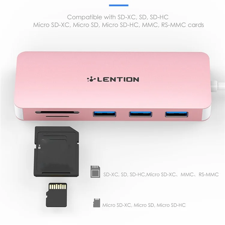 Lention H15 USB-A Hub 3xusb-a 3.0 Puertos+2 Relaciones de Lector de Memoria Relaciones Convertor de Aluminum - Oro Rosa