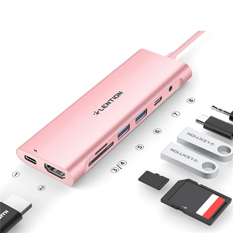 Многопортовая Док-станция HACR-1M USB-C Adapter Adapter Multipt Doping Station Type-c, Совместимый с Macos, Windows, Vista, Linux Systems - Розовое Золото