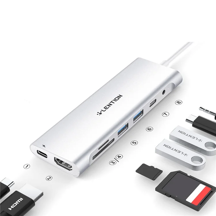 Lentção C37 HACR-1M Adaptador de Hub USB-C Multi-port Station Type-C Conversor Compatível Com Macos, Windows, Vista, Sistemas Linux - Prata