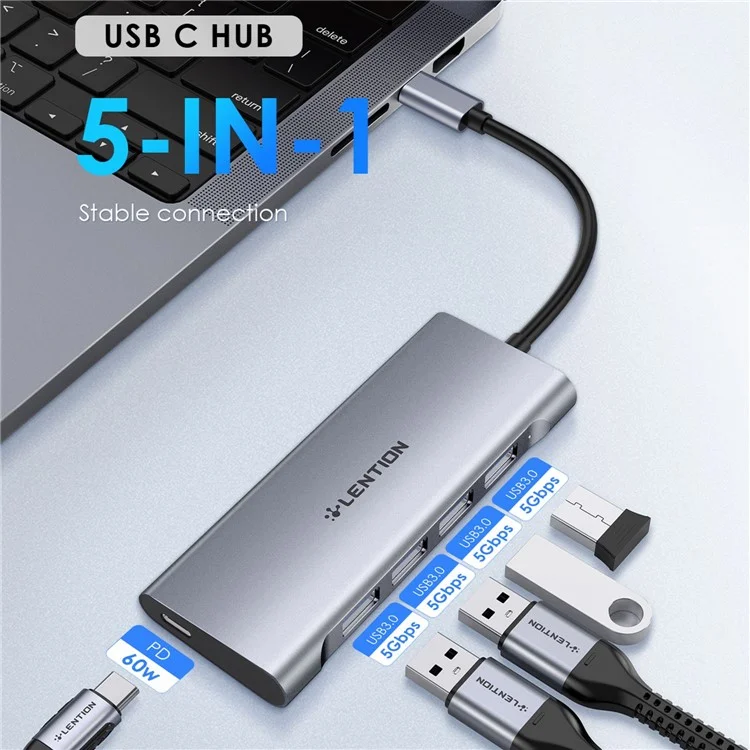 Lezione C31 USB-C a 4 USB-A 3.0 + 1 PD Adattatore PD Adattatore Laptop Alluminio USB Hub - Grigio