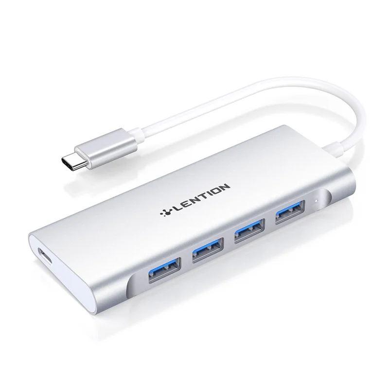 LENTION C31 USB-C to 4 USB-A 3.0 + 1 PD Port Adapter Laptop Aluminum Alloy USB Hub - Silver