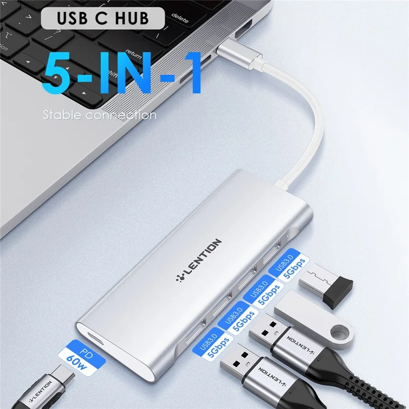 LENTION C31 USB-C to 4 USB-A 3.0 + 1 PD Port Adapter Laptop Aluminum Alloy USB Hub - Silver