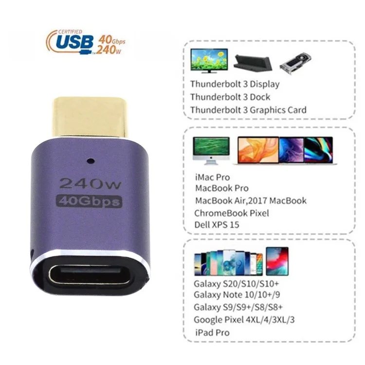 240W Type-C Female to Male Mini Adapter 40Gbps Transmission Straight Converter with Indicator