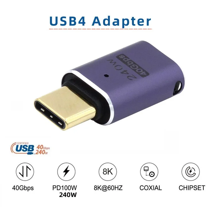 240W Type-C Female to Male Mini Adapter 40Gbps Transmission Straight Converter with Indicator