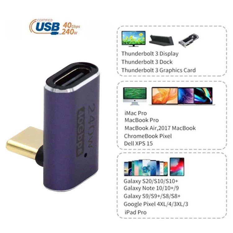 Transmissão de 40 Gbps 240W Fêmea USB Tipo-c Para Mini Conversor de Adaptador Angulado Com Indicador Com Indicador