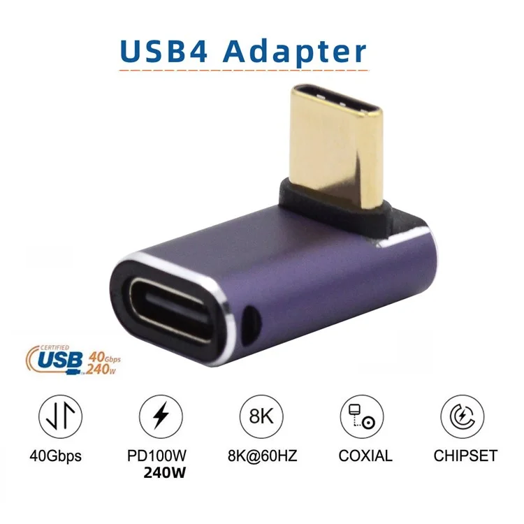 40Gbps Transmission 240W USB Type-C Female to Male Angled Adapter Mini Converter with Indicator