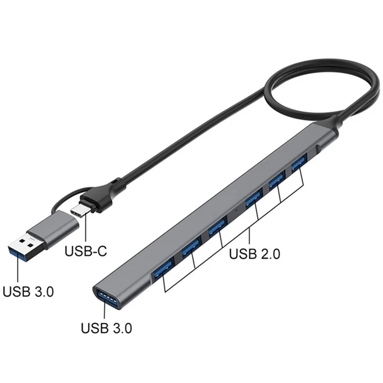 Adaptador de centro de conexión USB-C / USB-A 2 en 1 de 7 puertos Estación de acoplamiento USB2.0 3.0 Divisor para portátiles