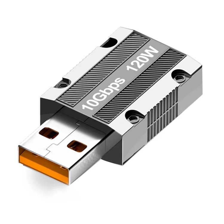Прямая головка 120 Вт Type-C Female to USB 3.0 Male Zinc Alloy Adapter Converter Поддержка передачи данных и зарядки - серебро