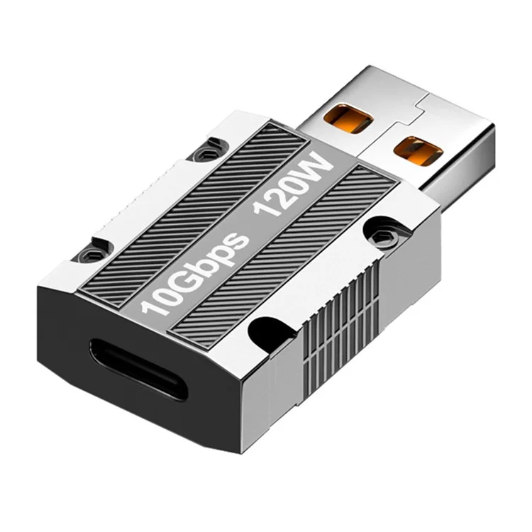 Прямая головка 120 Вт Type-C Female to USB 3.0 Male Zinc Alloy Adapter Converter Поддержка передачи данных и зарядки - серебро