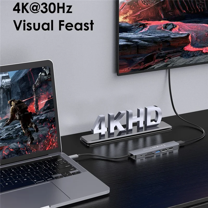 LENTION CE18HCR Cloud Ala Series Portable USB Hub Adapter Type-C Docking Station with USB+HD 4K / 30Hz+SD / TF+PD 100W - Grey