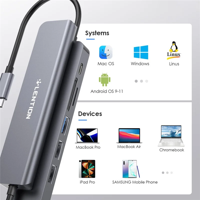 LENTION CE18HCR Cloud Ala Series Portable USB Hub Adapter Type-C Docking Station with USB+HD 4K / 30Hz+SD / TF+PD 100W - Grey