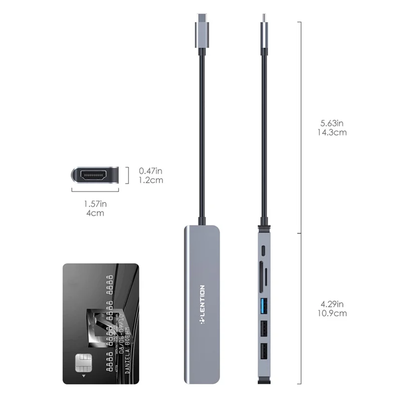 LENTION CE18HCR Cloud Ala Series Portable USB Hub Adapter Type-C Docking Station with USB+HD 4K / 30Hz+SD / TF+PD 100W - Grey