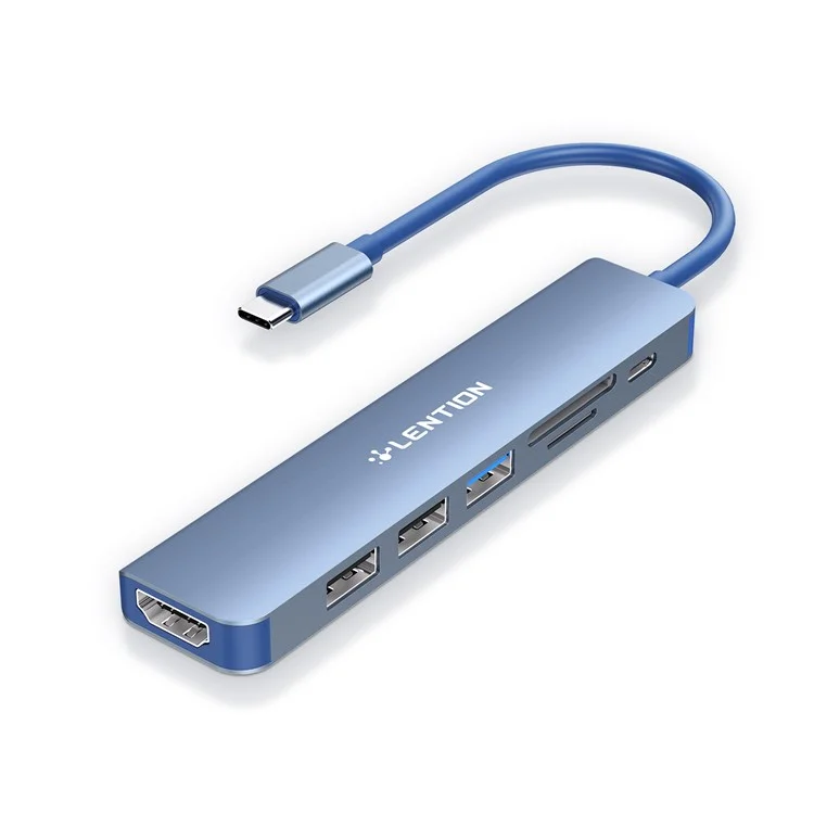 LENTION CE18HCR Cloud Ala Series Portable USB Hub Adapter Type-C Docking Station with USB+HD 4K / 30Hz+SD / TF+PD 100W - Blue