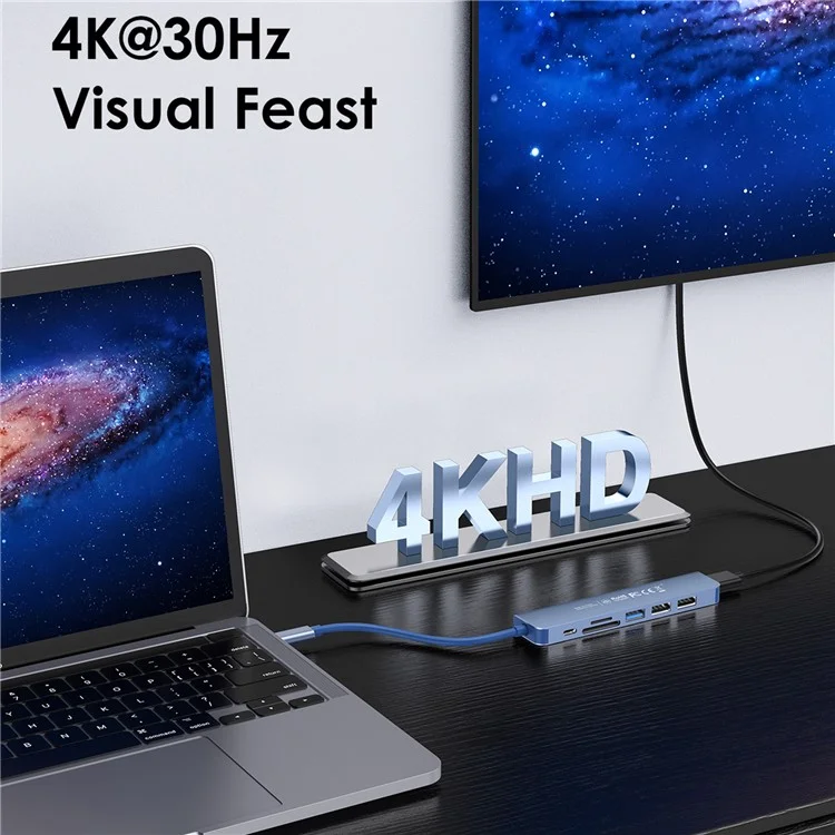LENTION CE18HCR Cloud Ala Series Portable USB Hub Adapter Type-C Docking Station with USB+HD 4K / 30Hz+SD / TF+PD 100W - Blue