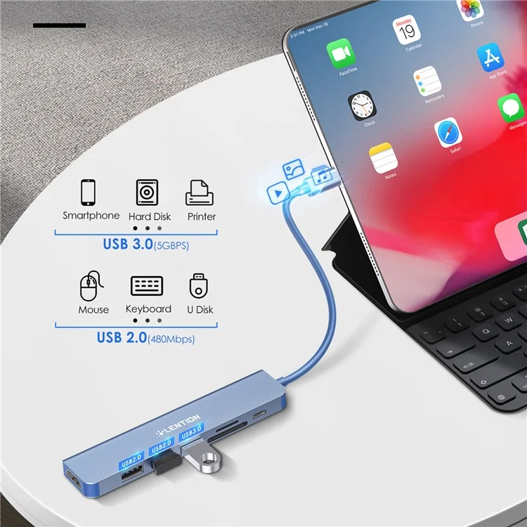 LENTION CE18HCR Cloud Ala Series Portable USB Hub Adapter Type-C Docking Station with USB+HD 4K / 30Hz+SD / TF+PD 100W - Blue