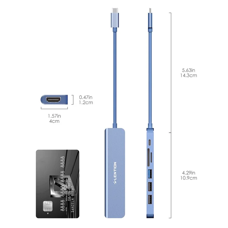 LENTION CE18HCR Cloud Ala Series Portable USB Hub Adapter Type-C Docking Station with USB+HD 4K / 30Hz+SD / TF+PD 100W - Blue