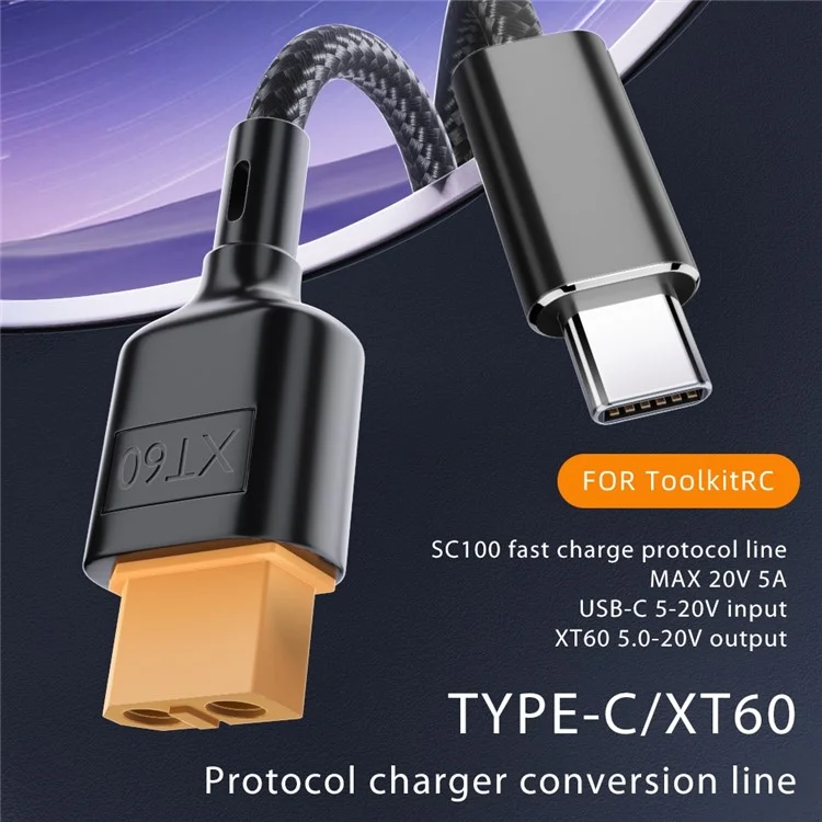 Кабель-адаптер USB-C to XT60, 100 см, поддержка PD 100 Вт, 20 В / 5 А быстрой зарядки