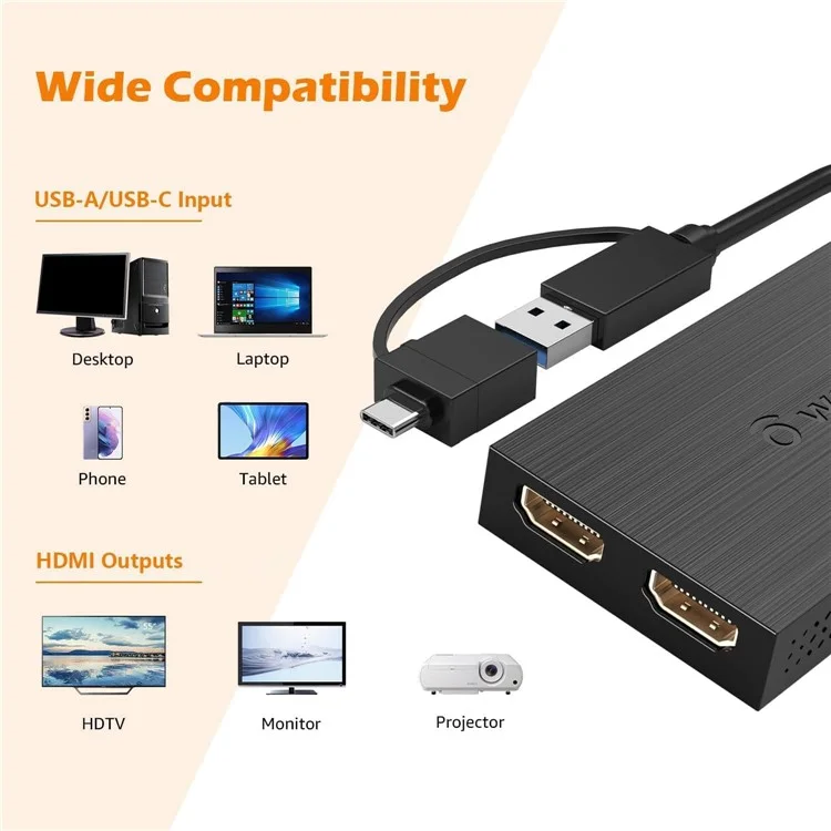 WAVLINK UG7602HC Adaptador portátil USB3.0 / USB-C a Dual HD Display Expansion Graphics Card Sync Screen Expander