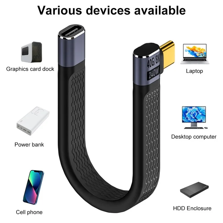 240W Fast Charging USB Type-C Male to Female Elbow FPC Soft Wire 40Gbps Data Cable