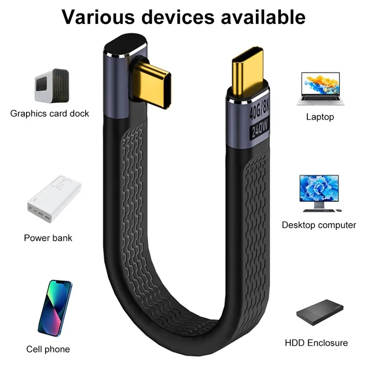USB Type-C Male to Male Middle Elbow FPC Soft Wire 40Gbps Data Cable Support 240W Fast Charging