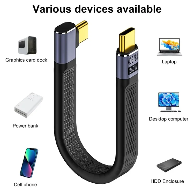 USB Type-C Male to Male Elbow FPC Soft Wire 40Gbps Data Cable Support 240W Fast Charging