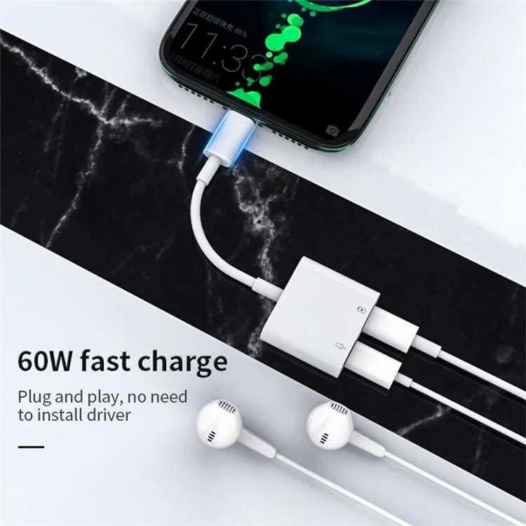 MH-CM36S 60W Type-C Mâle vers Dual Type-C Femelle Adaptateur Câble de Charge Connecteur d'Écouteurs