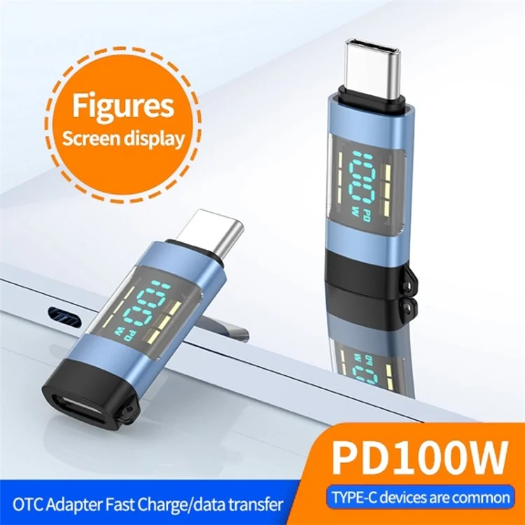 USB 3.1 Type-C to Type-C Male to Female Converter OTG Adapter with Digital Display - Blue