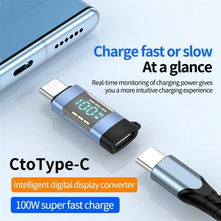 USB 3.1 Type-C to Type-C Male to Female Converter OTG Adapter with Digital Display - Blue
