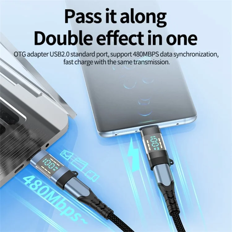 USB 3.1 Type-C to Type-C Male to Female Converter OTG Adapter with Digital Display - Blue