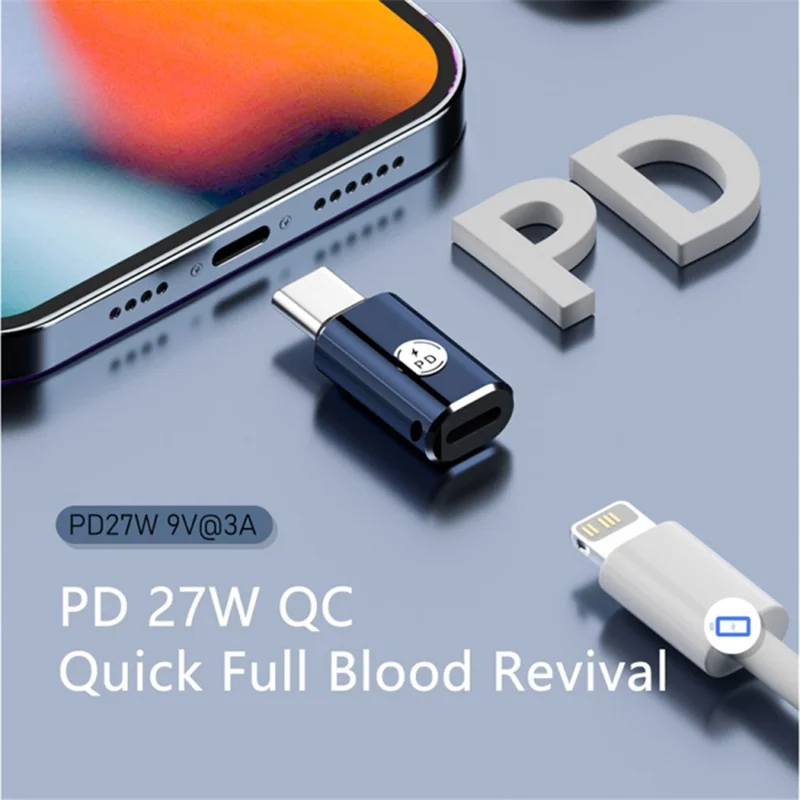 PD 27W Type-C Male to iP 8-Pin Female Fast Data Transmission Adapter for Iphone, Ipad, MacBook - Black