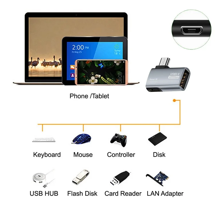 U2-009-LE Adaptateur OTG micro USB 2.0 femelle à USB Type-A femelle à angle droit de 90 degrés avec alimentation USB pour téléphone et tablette