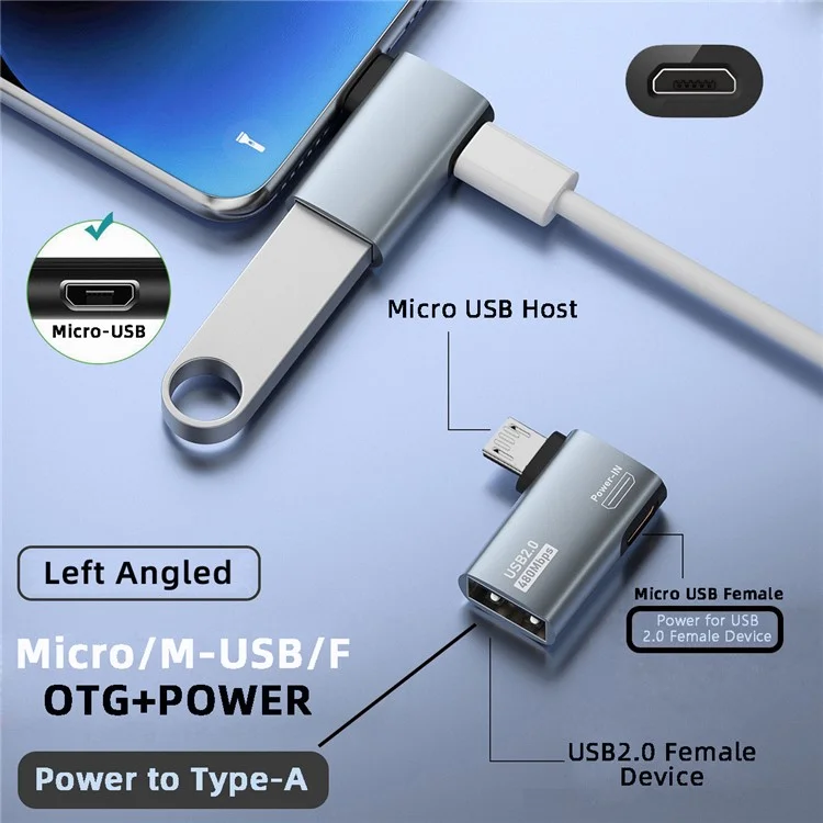 U2-009-LE Adaptateur OTG micro USB 2.0 femelle à USB Type-A femelle à angle droit de 90 degrés avec alimentation USB pour téléphone et tablette