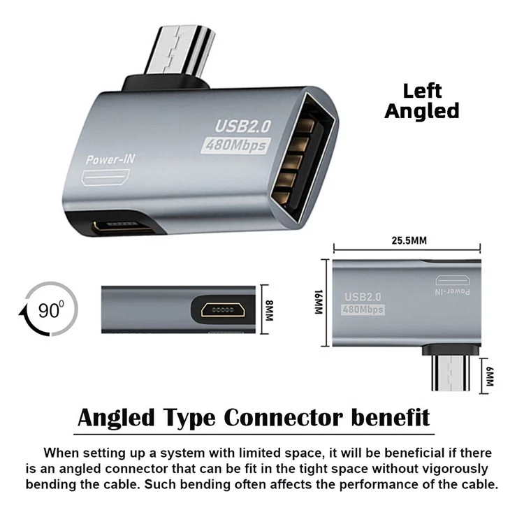 U2-009-LE Adaptateur OTG micro USB 2.0 femelle à USB Type-A femelle à angle droit de 90 degrés avec alimentation USB pour téléphone et tablette