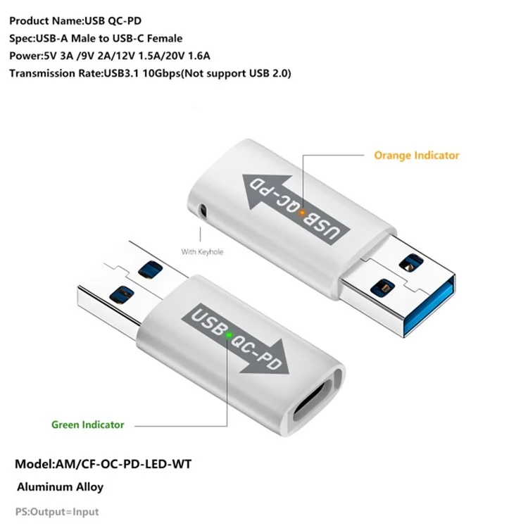 AM / CF-OC-PD USB-A QC3.1 a Convertitore Type-C PD LED Indicator 10Gbps USB Adapter - Blu