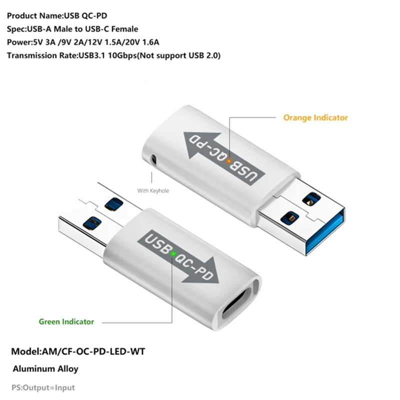 AM / CF-OC-PD USB-A QC3.1 to Type-C PD Converter LED Indicator 10Gbps USB Adapter - Silver