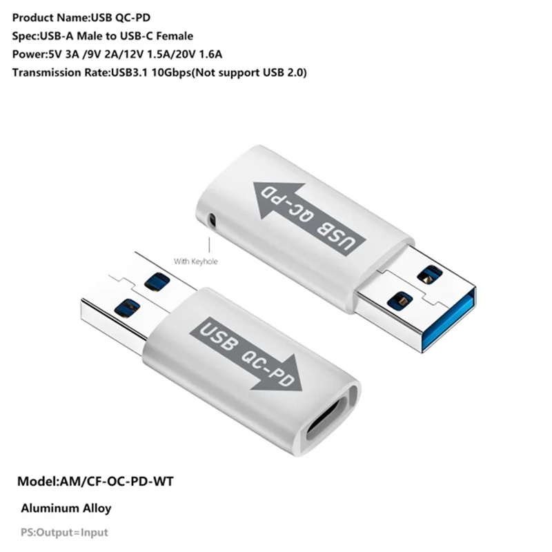 AM / CF-OC-PD USB-A QC3.1 to Type-C PD Converter Adapter with 10Gbps Data Transfer - Silver