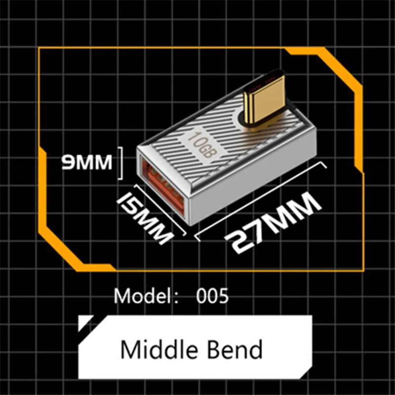 USB-A 3.1 Female to Type-C Male Middle Bend 120W Fast Charging 10Gbps OTG Adapter - Silver