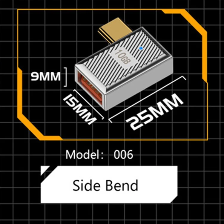 USB-A 3.1 Femmina a Type-C Maschio Adattatore ad Angolo Laterale 10Gbps 120W OTG - Argento