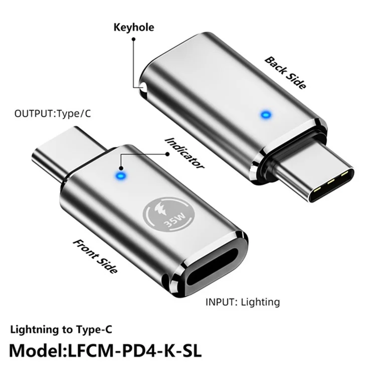 USB-C-Adapter Typ-C-Stecker auf 8-Pin-Buchse PD 35W Fast Charging Datenübertragung Konverter - Silber