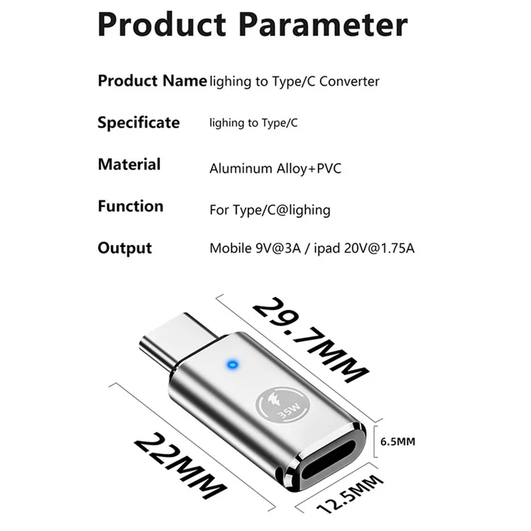USB-C-Adapter Typ-C-Stecker auf 8-Pin-Buchse PD 35W Fast Charging Datenübertragung Konverter - Silber