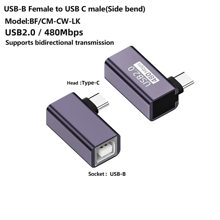 USB-B Female to USB-C Male Elbow Adapter Converter 480Mbps Connector for Electric Piano / Printer
