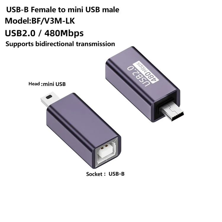 USB-B Weibchen zu Mini USB Männchen 480Mbps Adapter Aluminiumlegierung Anschluss für E-Piano / Drucker