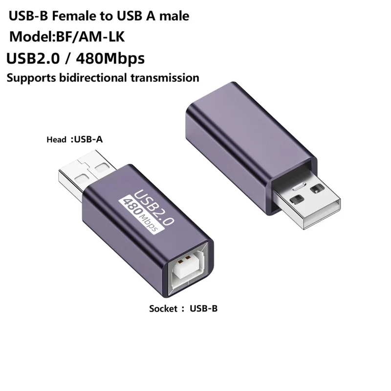 USB-B Mujer a USB-A Male 480Mbps Adaptador Convertidor de Impresora de Piano Eléctrico