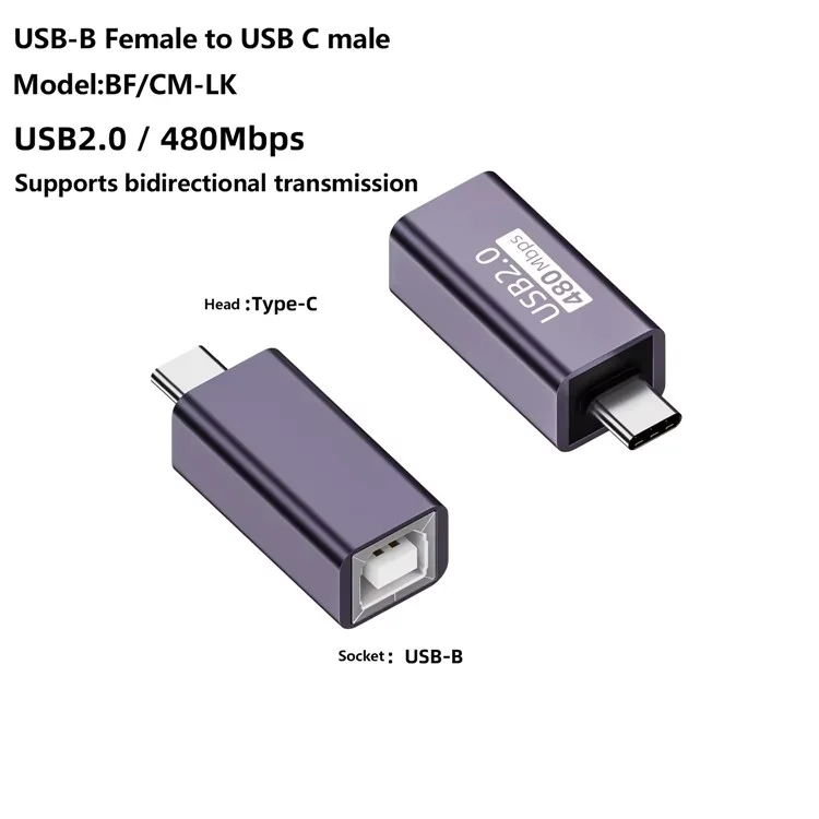 USB-B Femenino a USB-C Adaptador de Convertidor Masculino 480Mbps Conector de Transferencia de Datos Para Piano Eléctrico / Impresora