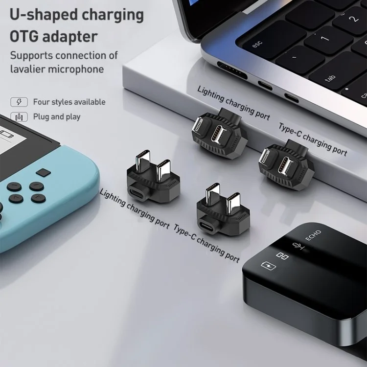 Adaptador de Carregador OTG Conversor em Forma de U de 8 Pinos para Microfone Lavalier de Tipo-C Duplo