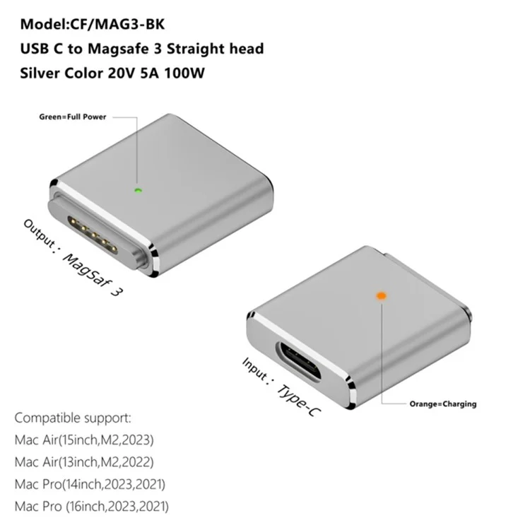Für MacBook PD 100W kompatibel mit MagSafe 3 zu Type C Weiblich Aluminum-Legierung Konverter - Schwarz