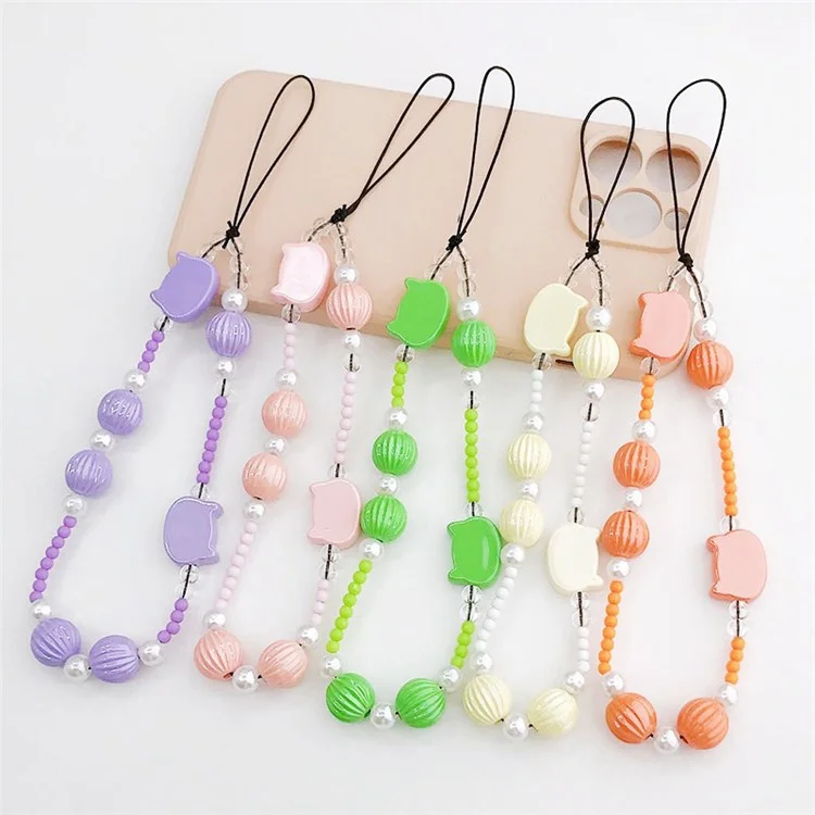 Pearlescent Cat Head Kürbiskügelchen Konstruktion Telefon Anti-droge Handkette Handy Hülle Lanyard Anhänger - Beige