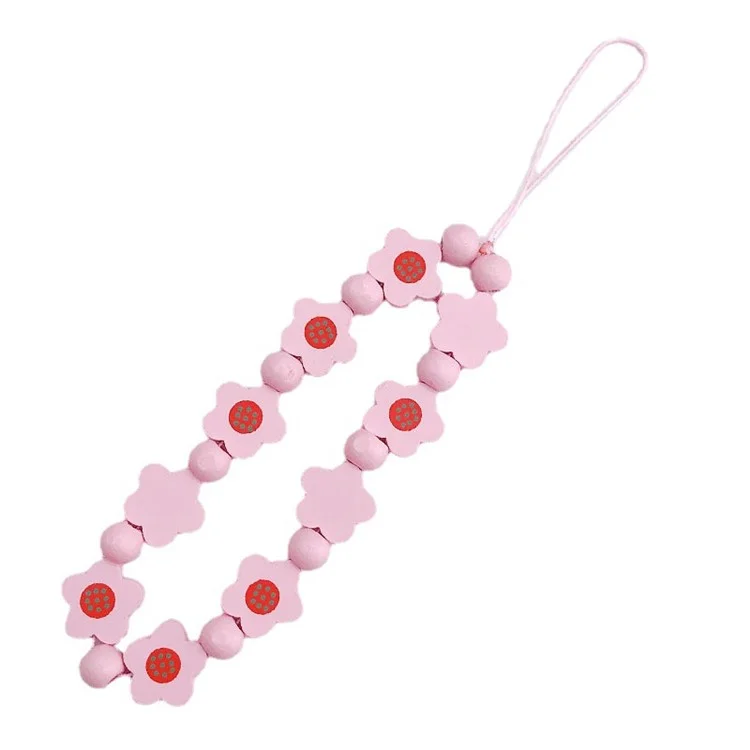 Flor Wood Contas Cadeia Telefônica Manual Caso de Celulares Pingente Pulseira de Pulso - Rosa