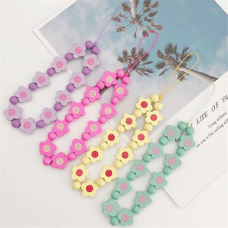Flower Wood Beads Phone Chain Handwork Cellphone Case Pendant Wrist Strap - Green