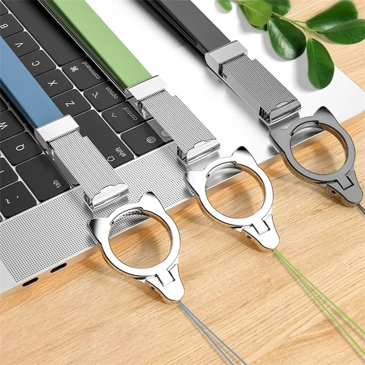 INYUE Detachable Cat Head Ring Kickstand Slide Buckle Liquid Silicone Lanyard Phone Anti-drop Neck Strap - Black